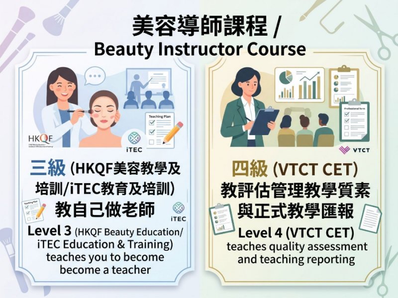 美容導師課程2026｜HKQF/iTEC三級打底 VTCT四級教育及培訓｜CEF資助課程