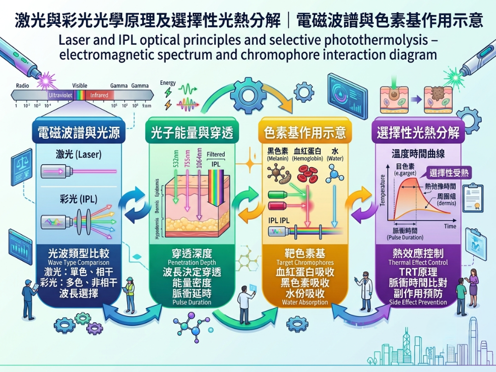 激光與彩光光學原理及選擇性光熱分解｜電磁波譜與色素基作用示意