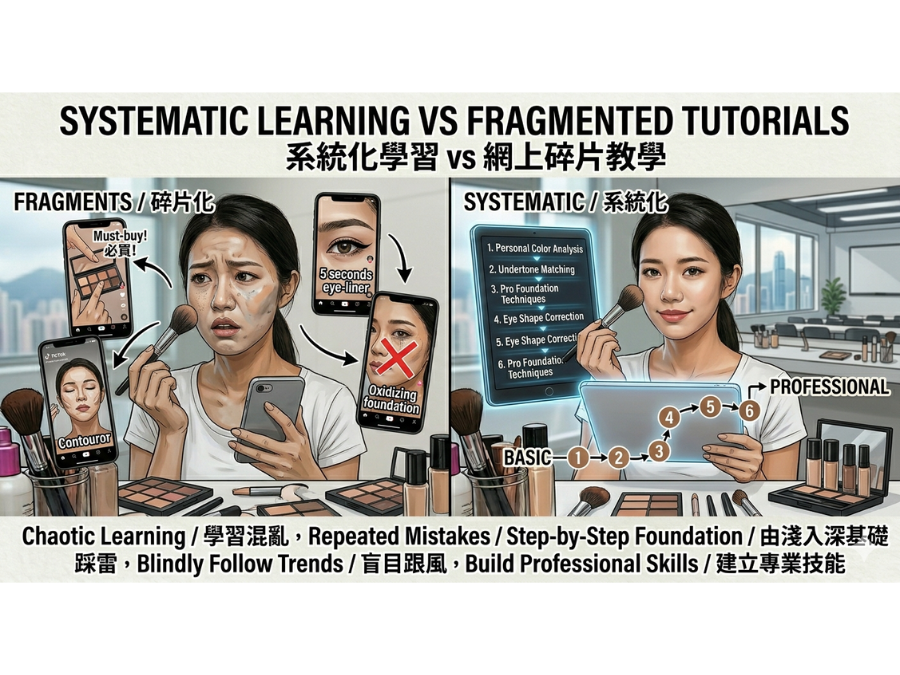 系統化學習化妝 vs 網上碎片教學對比圖 – 對比左側零碎教學導致學習混亂、反覆踩雷，右側系統化課程由淺入深建立專業基礎，告別盲目跟風。