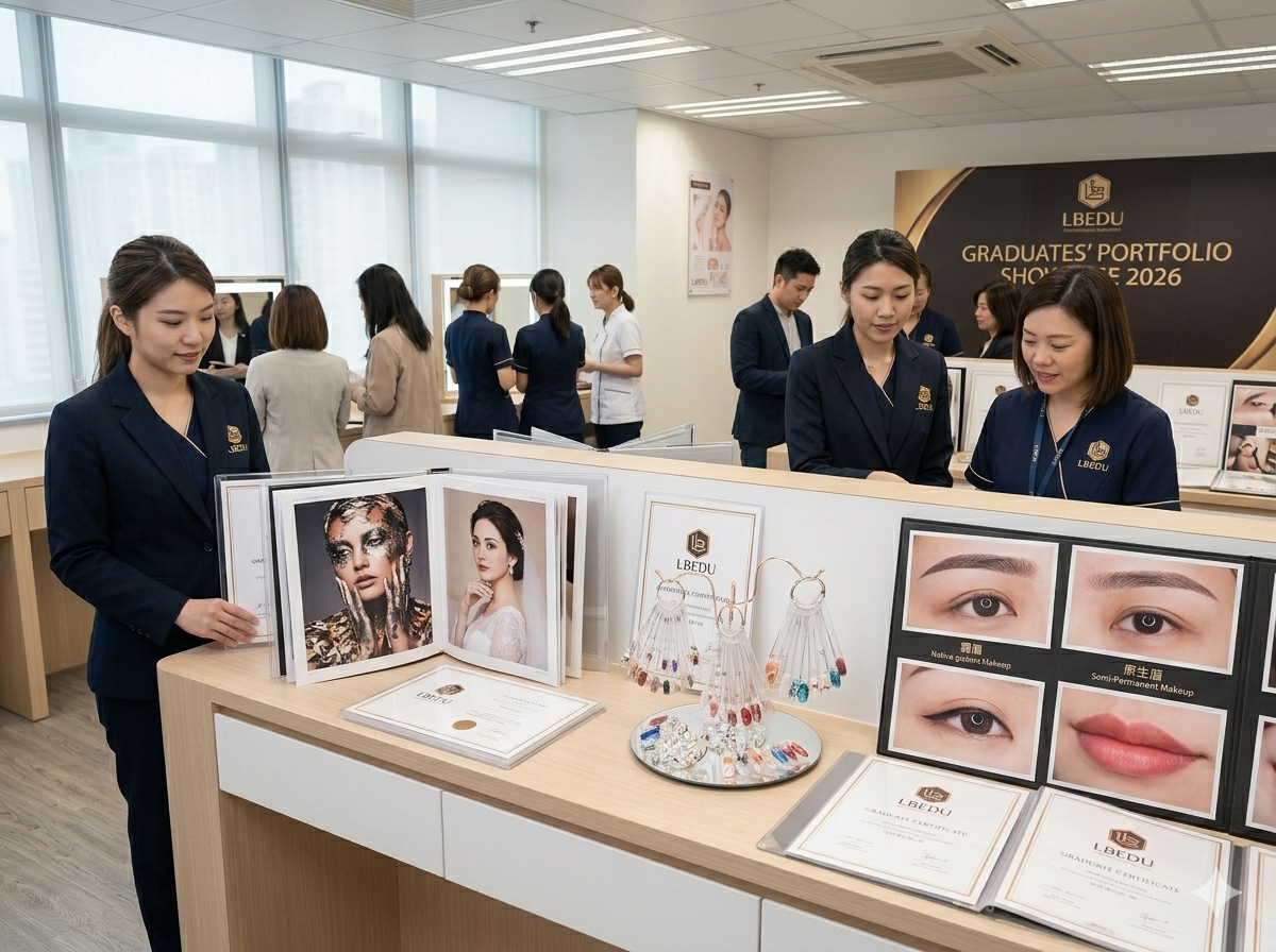 學員畢業作品展示示意圖 – 展示學員完成的化妝、美甲、半永久紋繡等多元化作品，體現掌握市場熱門技能後的就業競爭力。