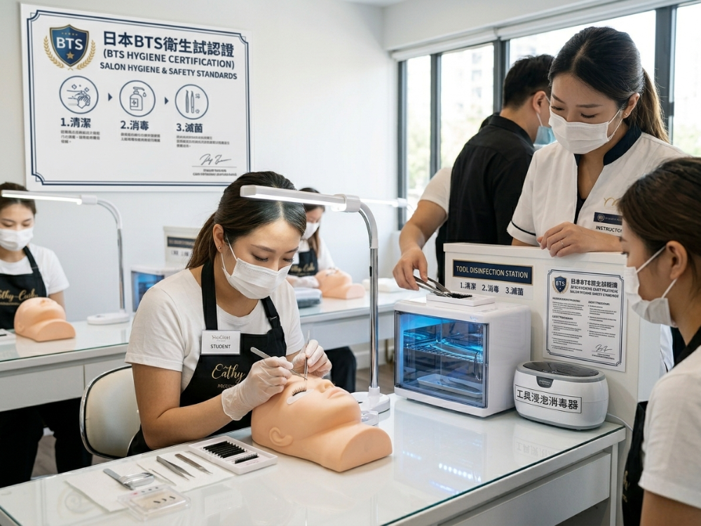 美睫課程實操與工具消毒示範 – 學員在課堂上進行美睫實操練習，同時展示專業工具消毒流程，符合BTS衛生標準，確保操作安全衛生。