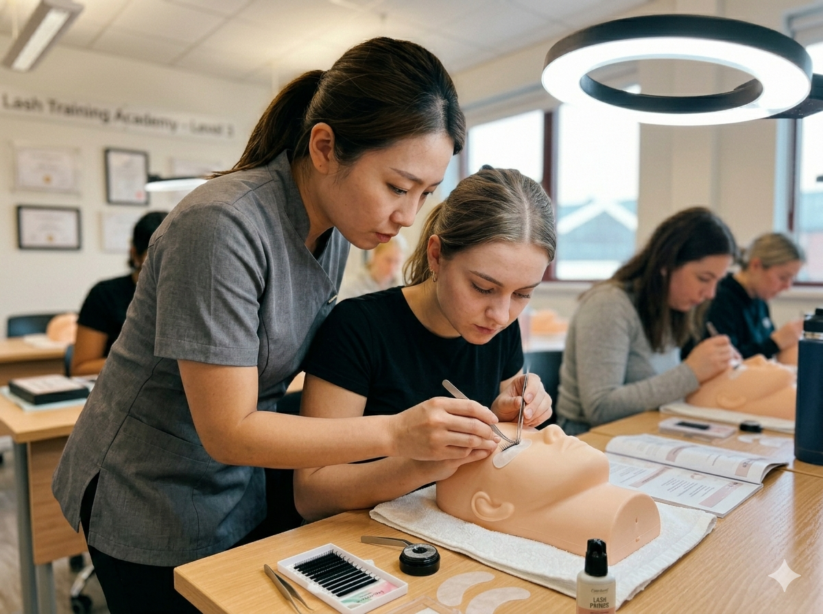 Lash instructor teaching a small class – one-to-one guidance to ensure students master standard techniques.