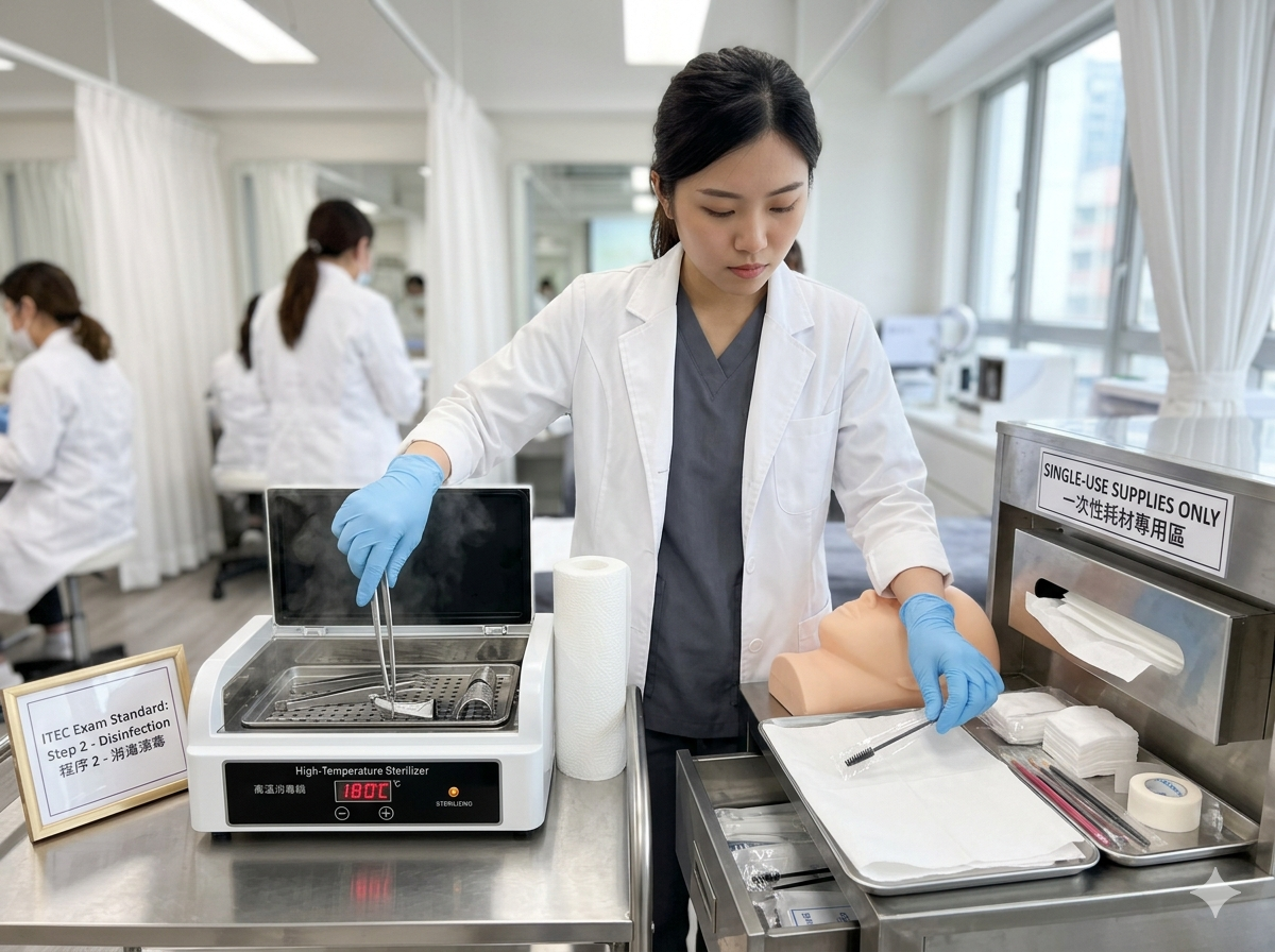 Exam key points: tool disinfection and hygiene process – showing required sterilisation procedures and single-use material standards for the lash exam.