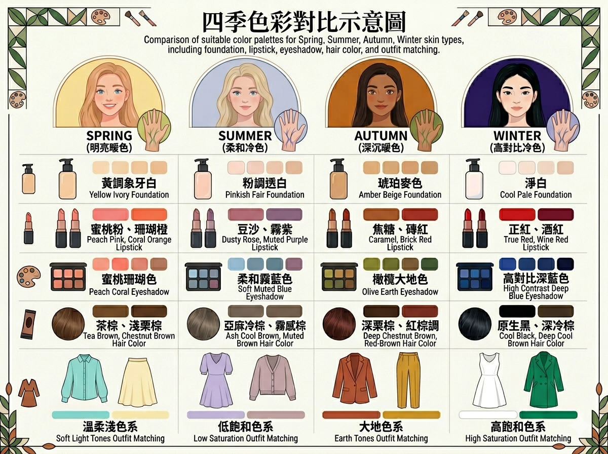 四季色彩對比示意圖-對比春季,夏季,秋季,冬季四種膚色樣板的適合色系,包括粉底,唇膏,眼影,髮色及穿搭配色建議。