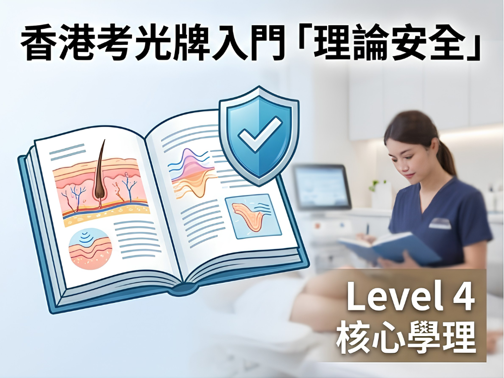 香港考光牌入門「理論安全」：這張圖展示了一本打開的教科書、皮膚結構圖、光波和防護盾牌的風格化插圖，強調 Level 4 核心學理的重要性。
