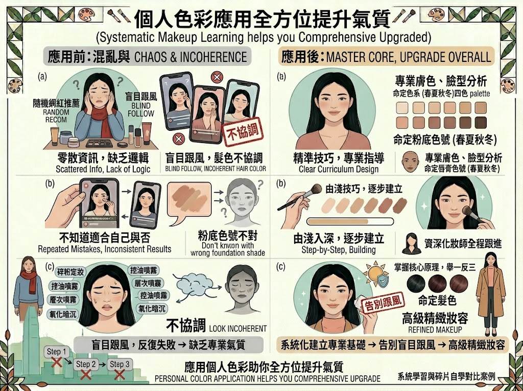 個人色彩應用於妝容髮色穿搭示範圖-展示掌握個人色彩後,粉底色號,唇膏選擇,髮色染燙及日常穿搭的整體升級效果,氣質瞬間提升。