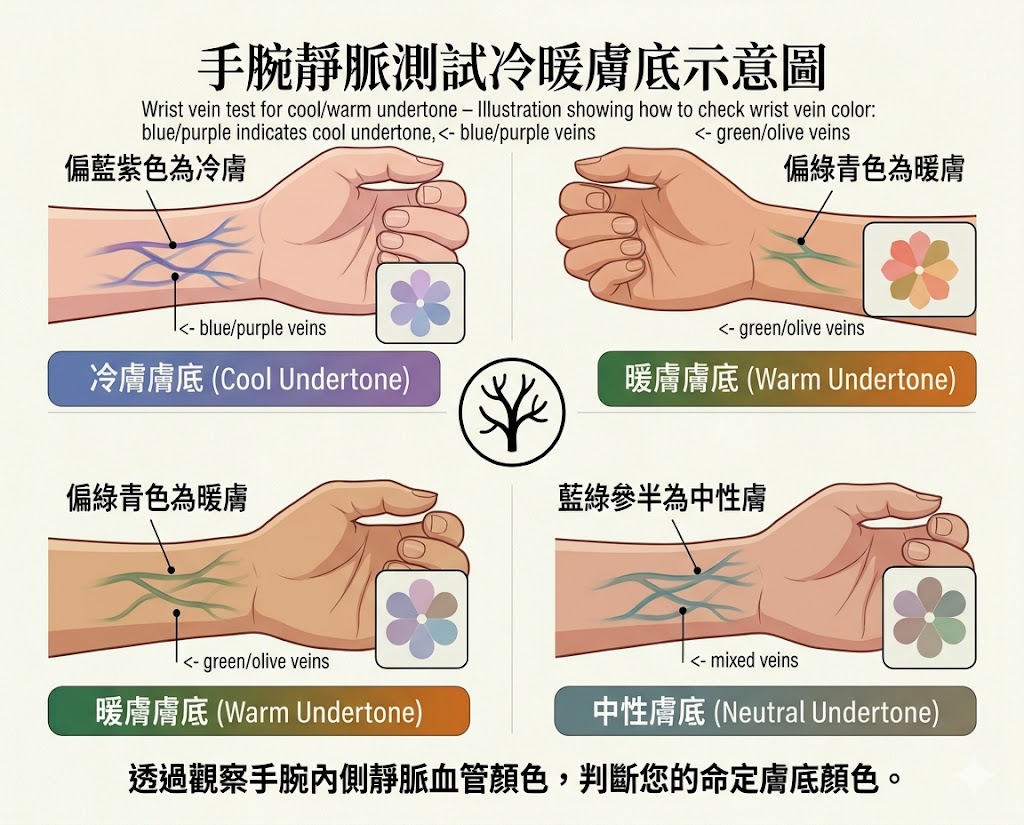 手腕靜脈測試冷暖膚底示意圖-展示如何觀察手腕內側靜脈血管顏色判斷膚底:偏藍紫色為冷膚,偏綠青色為暖膚,藍綠參半為中性膚。