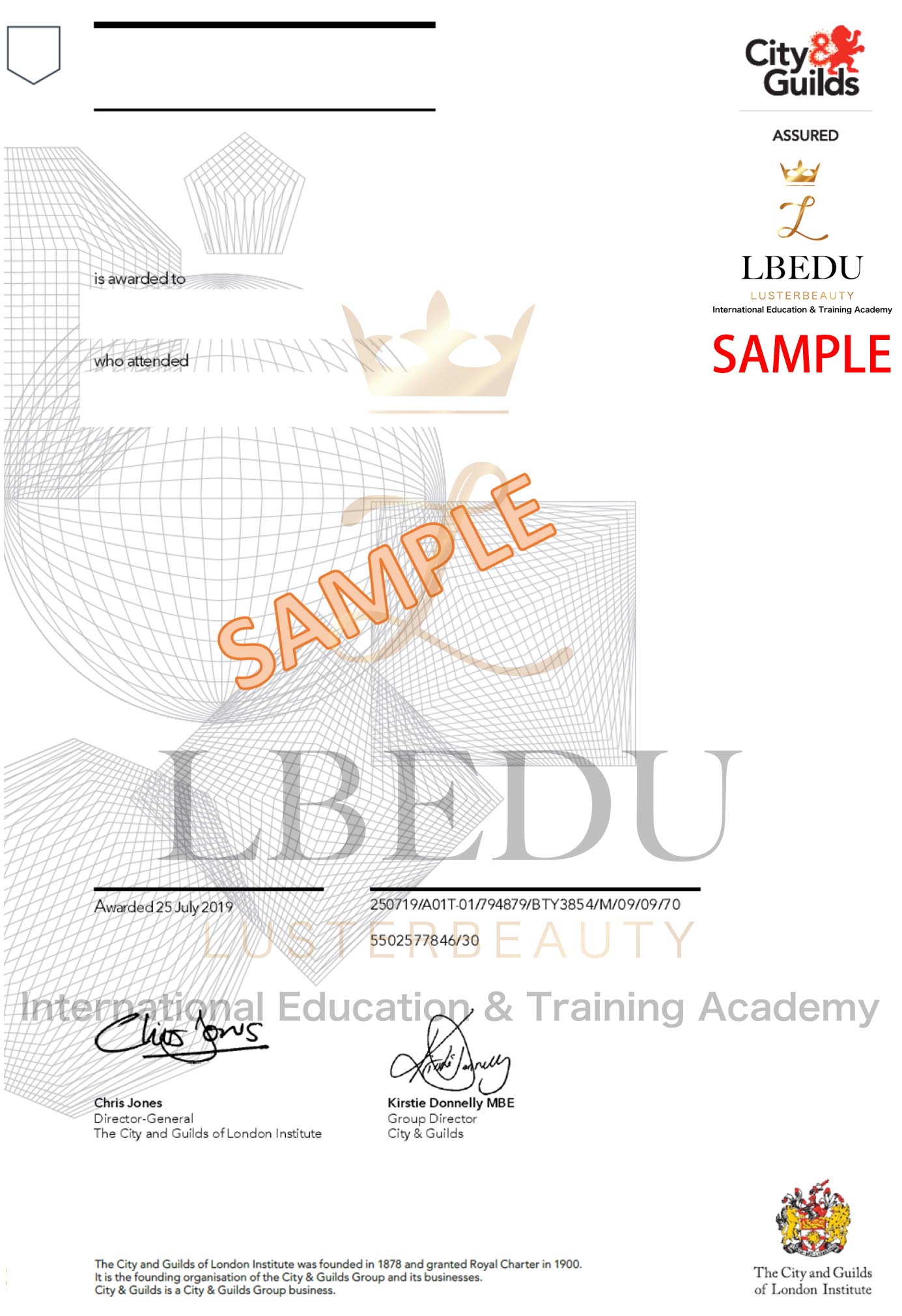 City and Guilds Assured Sample Cert