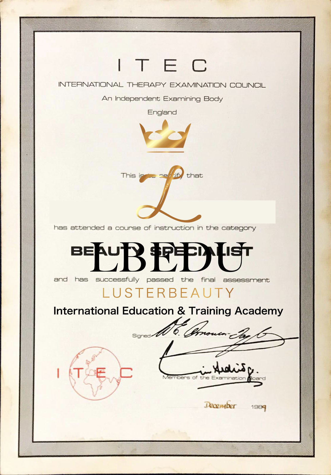 ITEC LEVEL 2 CERTIFICATE FOR BEAUTY SPECIALIST CERTIFICATE FROM 1989 HISTORY CERTIFICATE