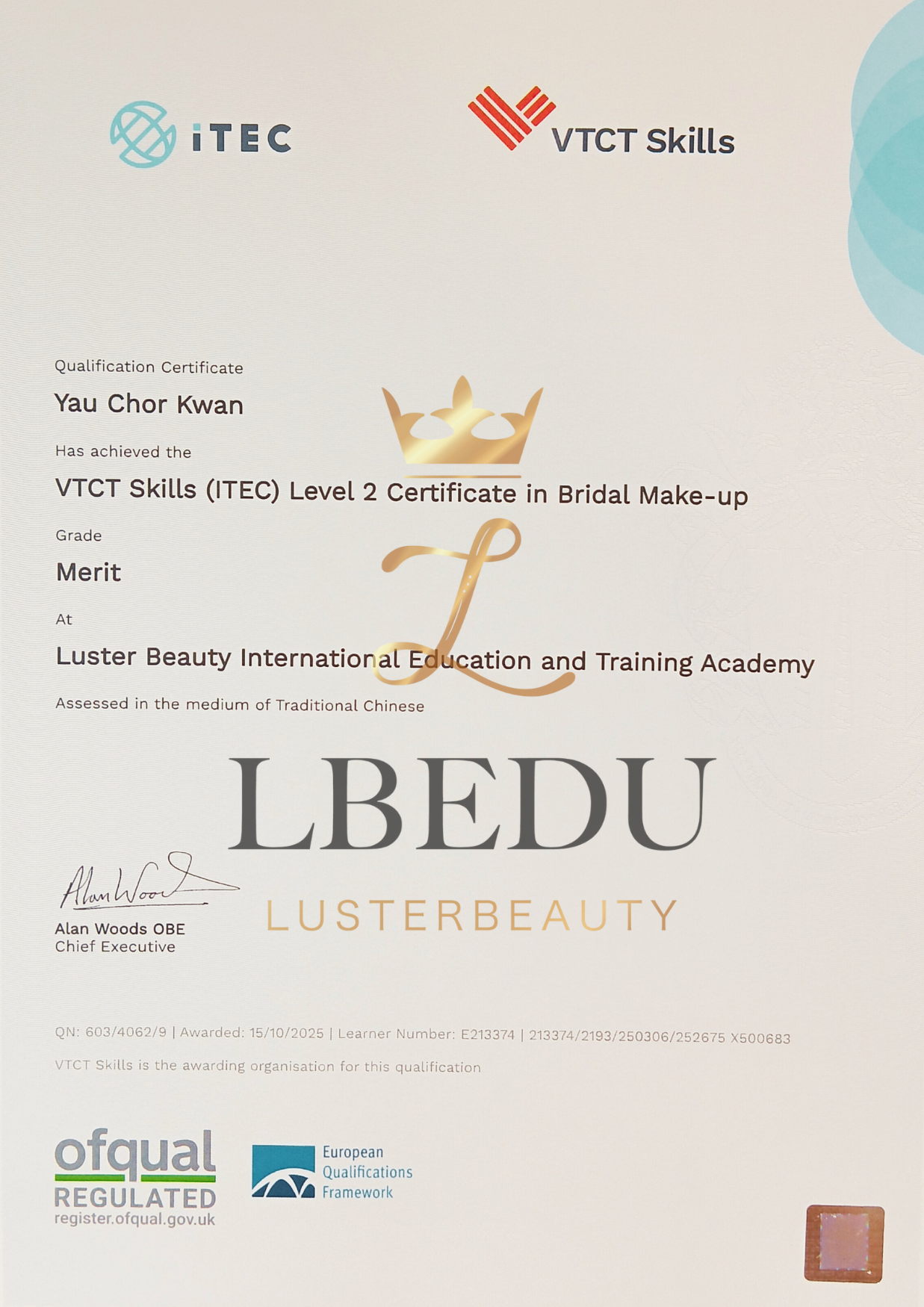 VTCT iTEC Level 2 Certificate in Bridal Make-up Merit Sample Certificate