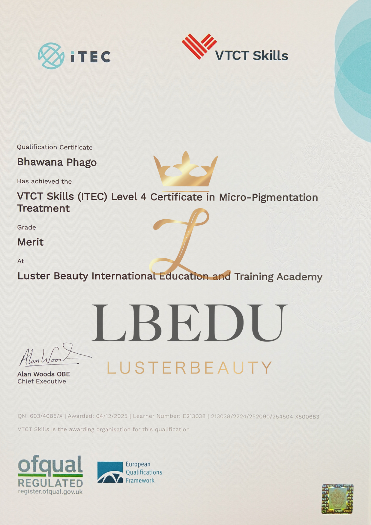 ITEC OFQAUL LEVEL 4 CERTIFICATE IN MICRO-PIGMENTATION SEMI PERMANENT MAKEUP RQF EQF SAMPLE VTCT (iTEC) Level 4 CERTIFICATE Advanced Semi-permanent Makeup and Microblading International Qualification Framework Certification Course RQF EQF